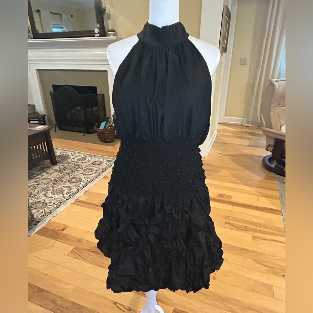 Gracia Black Halter Neck Smocked Waist Ruffle Bubble Hem Dress L